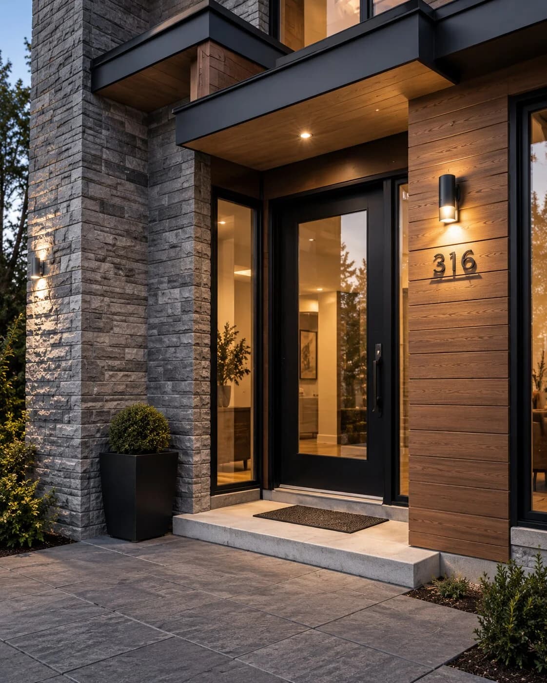 Stone and timber entrance with carefully aligned materials and warm lighting