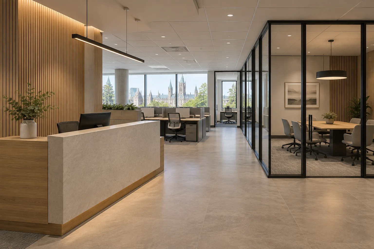 Architectural visualization of a commercial office fit-up with reception millwork, workstations, and glass meeting rooms
