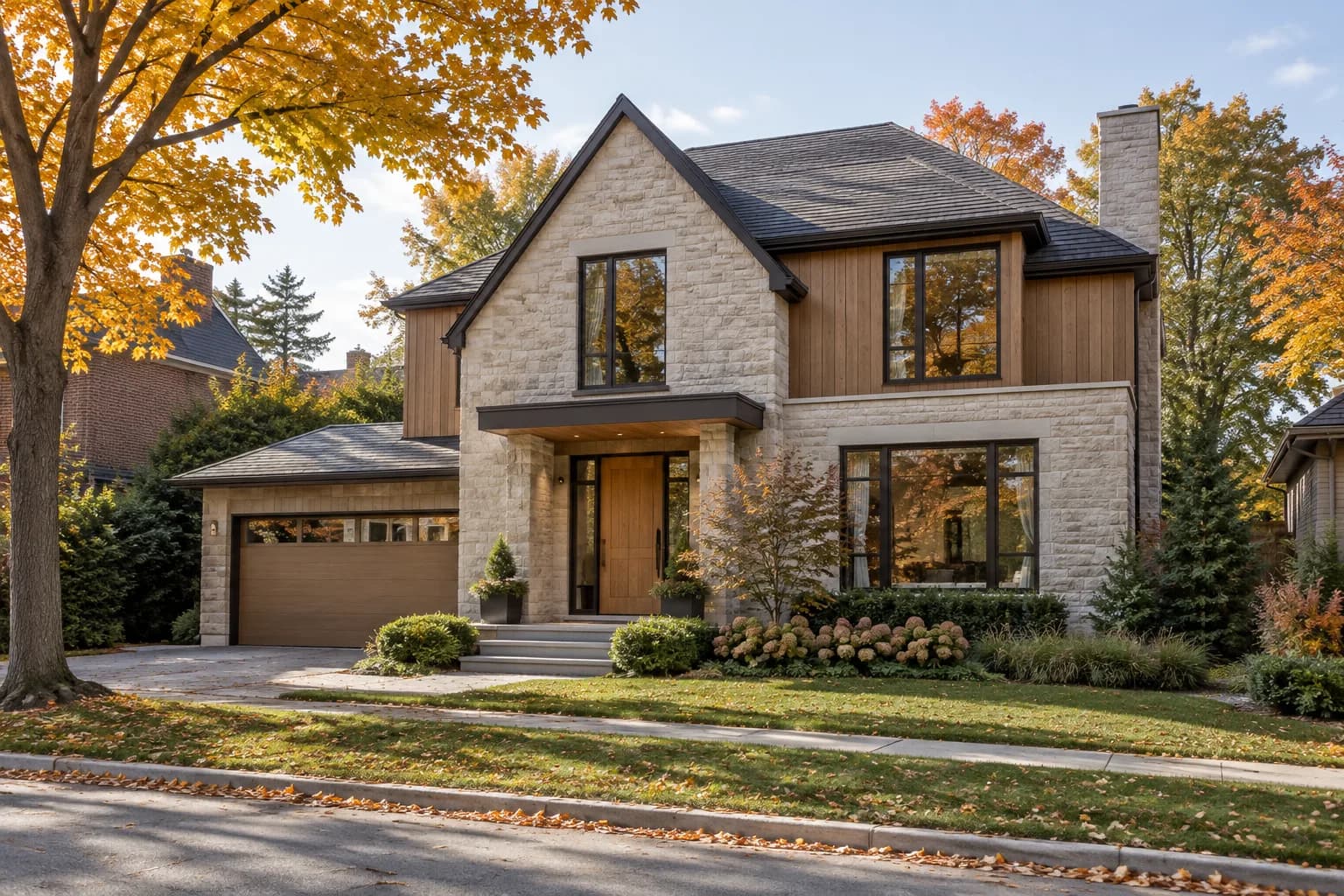 Architectural visualization of a custom Ottawa home with pale limestone, warm cladding, and mature trees