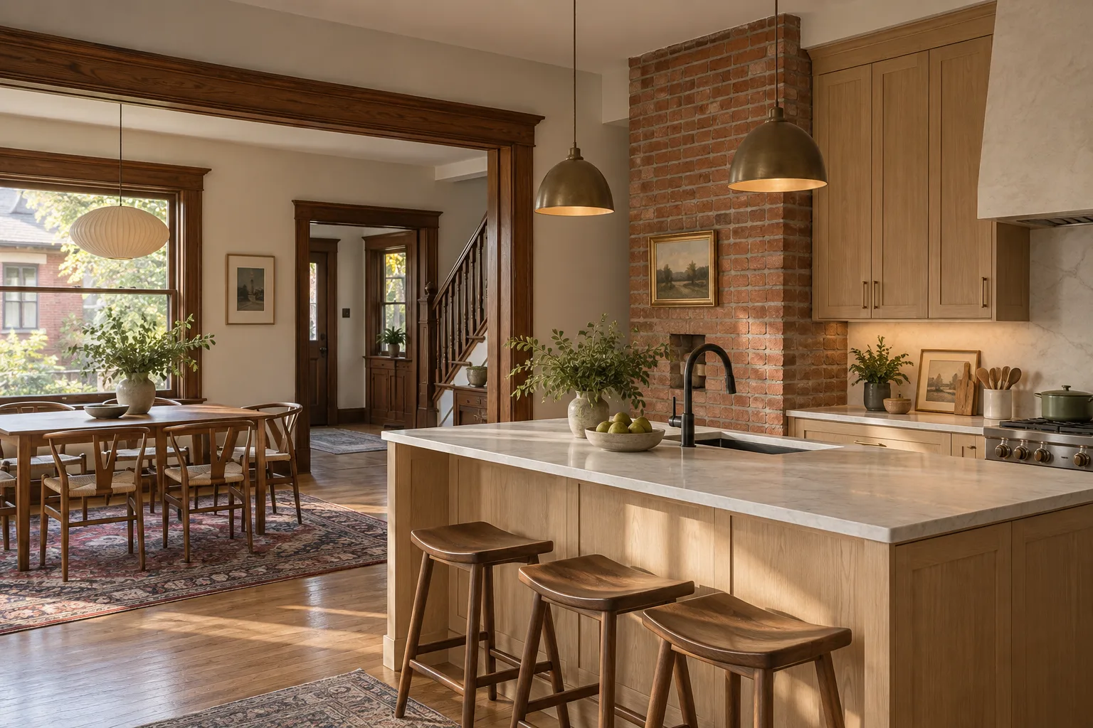 Architectural visualization of a renovated Ottawa home, retaining its original trim and brick beside a new oak kitchen