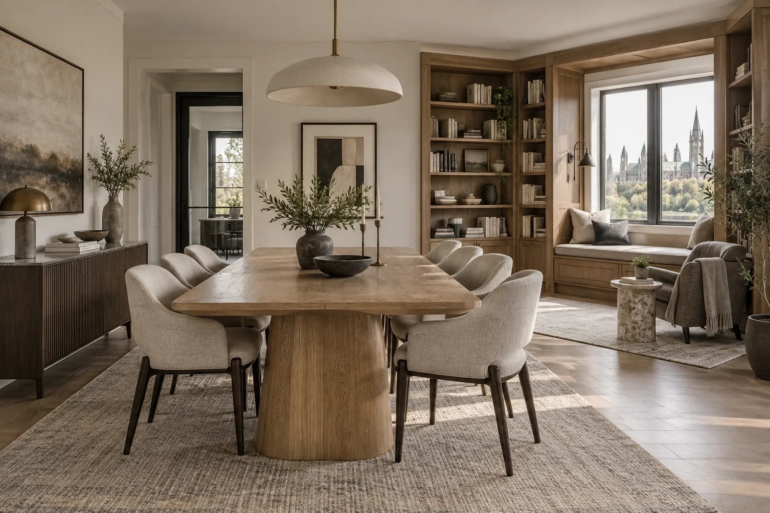 Architectural visualization of an Ottawa dining room and reading nook with custom oak joinery