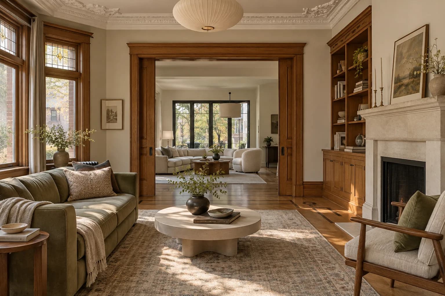 Architectural visualization of a restored Ottawa home, with original wood trim, oak floors, and a limestone hearth